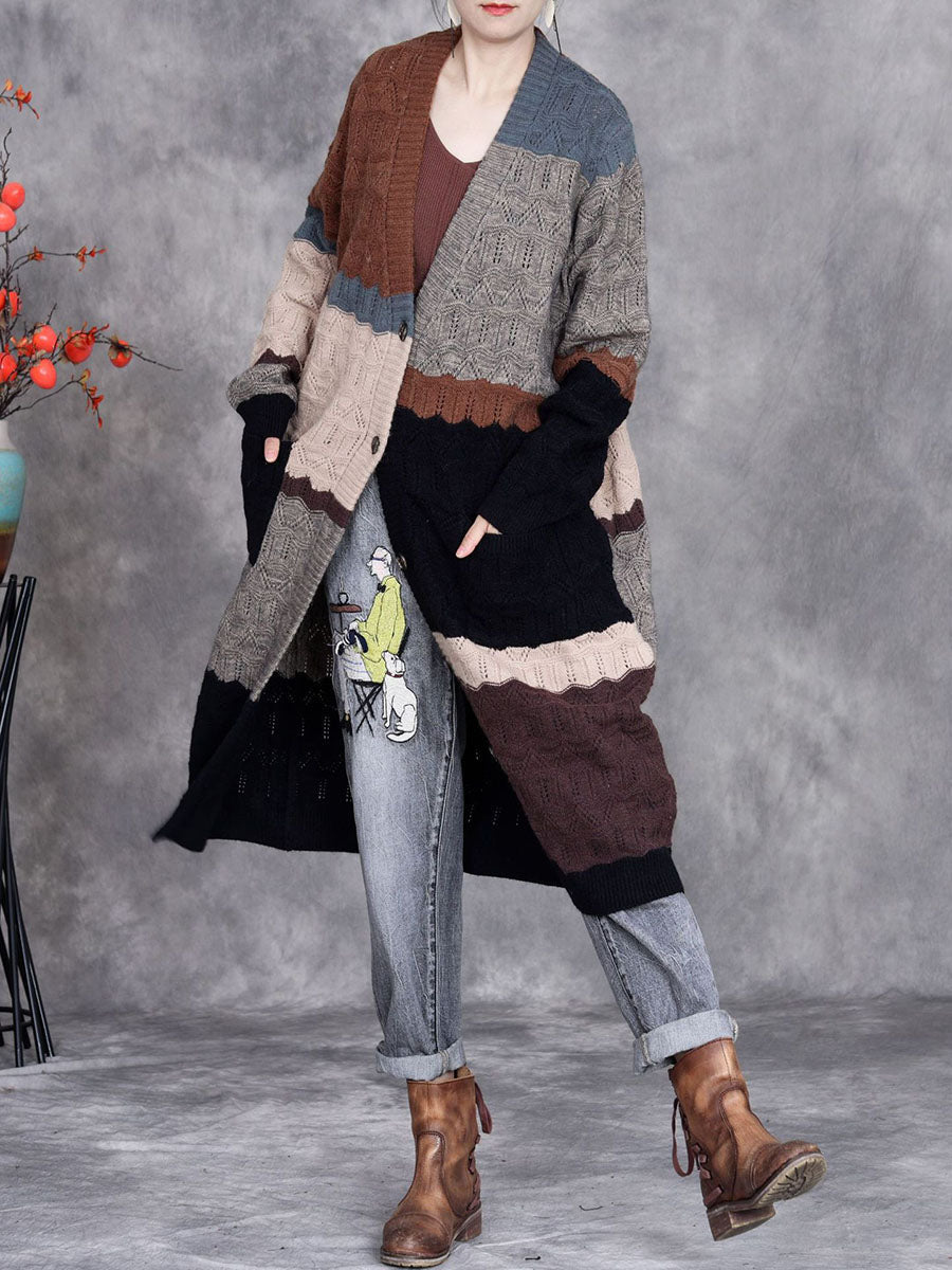 Autumn Artsy Colorblock Knitted V-neck Cardigan Coat Wg030