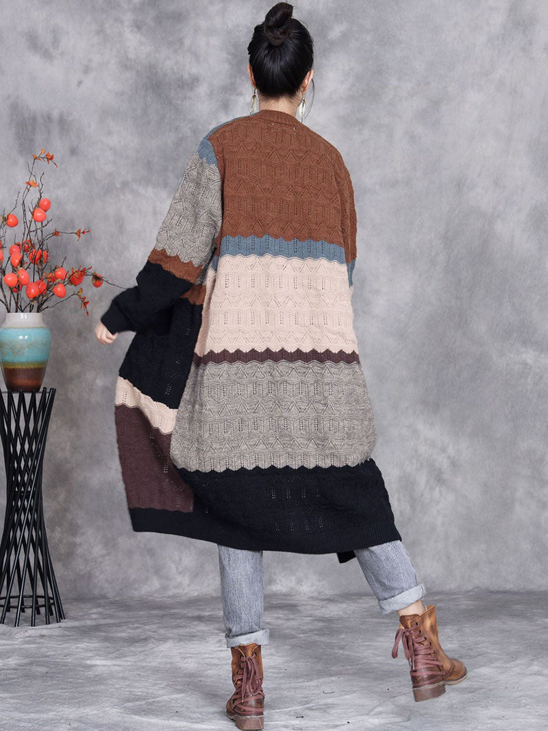 Autumn Artsy Colorblock Knitted V-neck Cardigan Coat Wg030