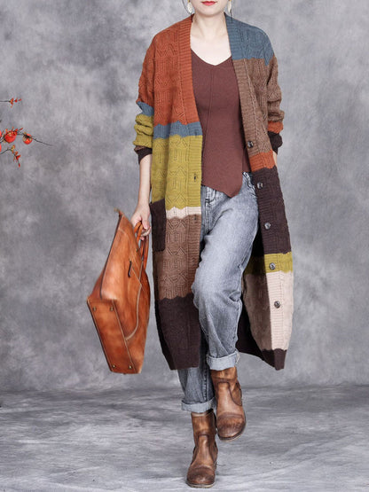 Autumn Artsy Colorblock Knitted V-neck Cardigan Coat Wg030