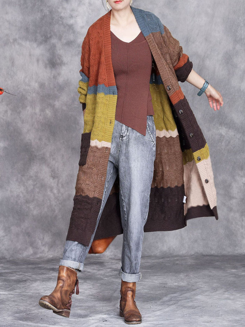 Autumn Artsy Colorblock Knitted V-neck Cardigan Coat Wg030