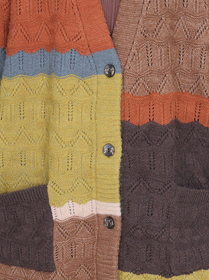 Autumn Artsy Colorblock Knitted V-neck Cardigan Coat Wg030