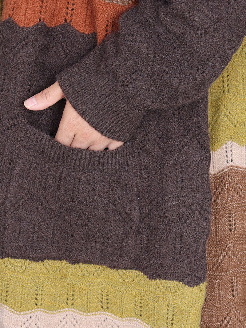 Autumn Artsy Colorblock Knitted V-neck Cardigan Coat Wg030