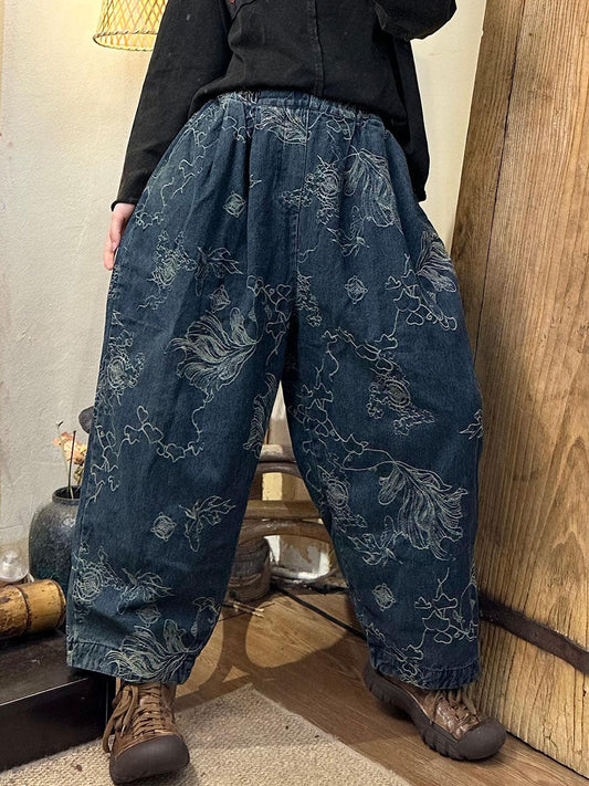 Autumn Retro Flower Cotton Straight Pants Ba1006