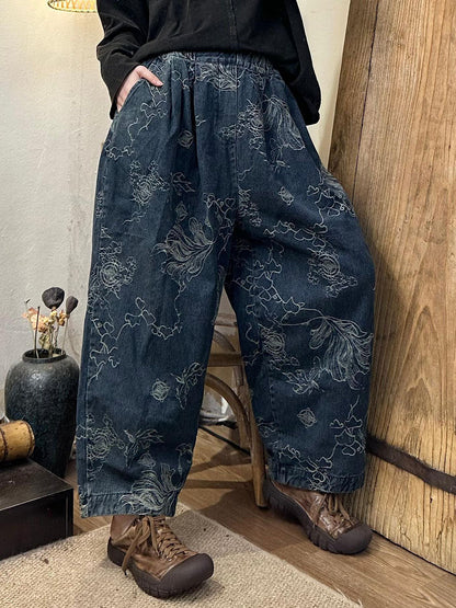 Autumn Retro Flower Cotton Straight Pants Ba1006
