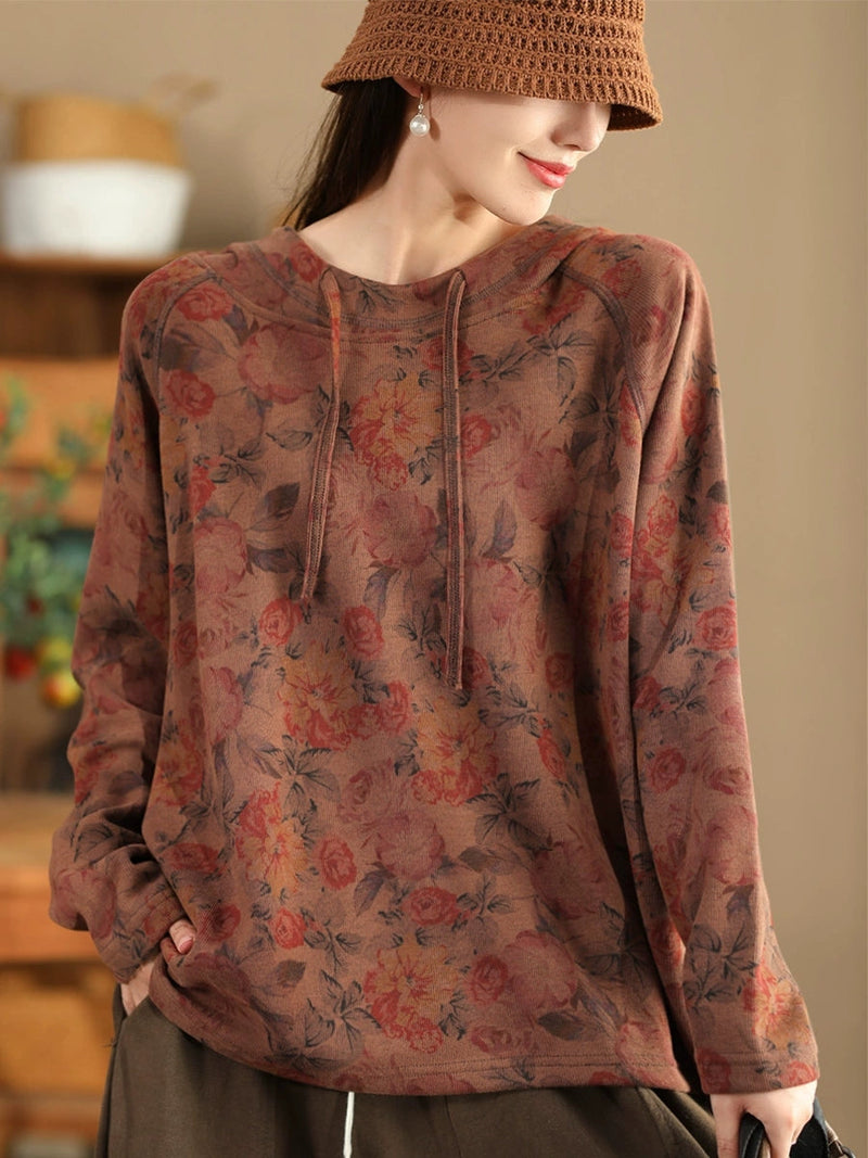 Autumn Flower Hooded Cotton Sweatshirt Ba1012