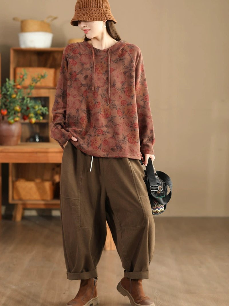 Autumn Flower Hooded Cotton Sweatshirt Ba1012