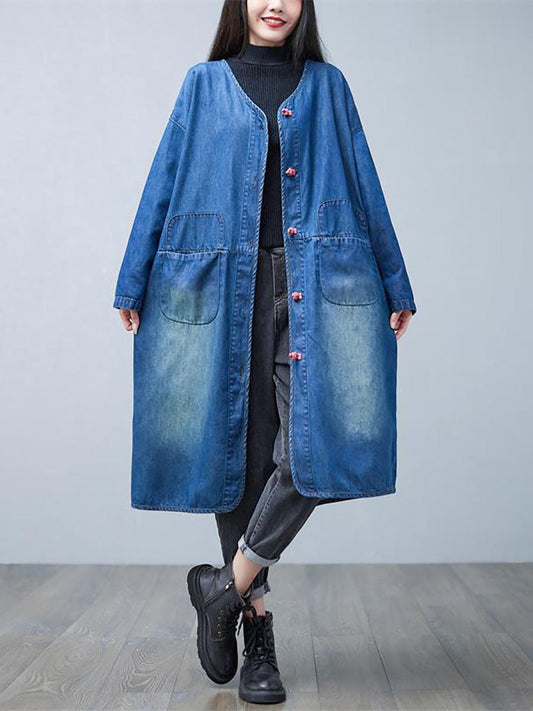 Autumn Washed V-neck Denim Long Coat Ba1015