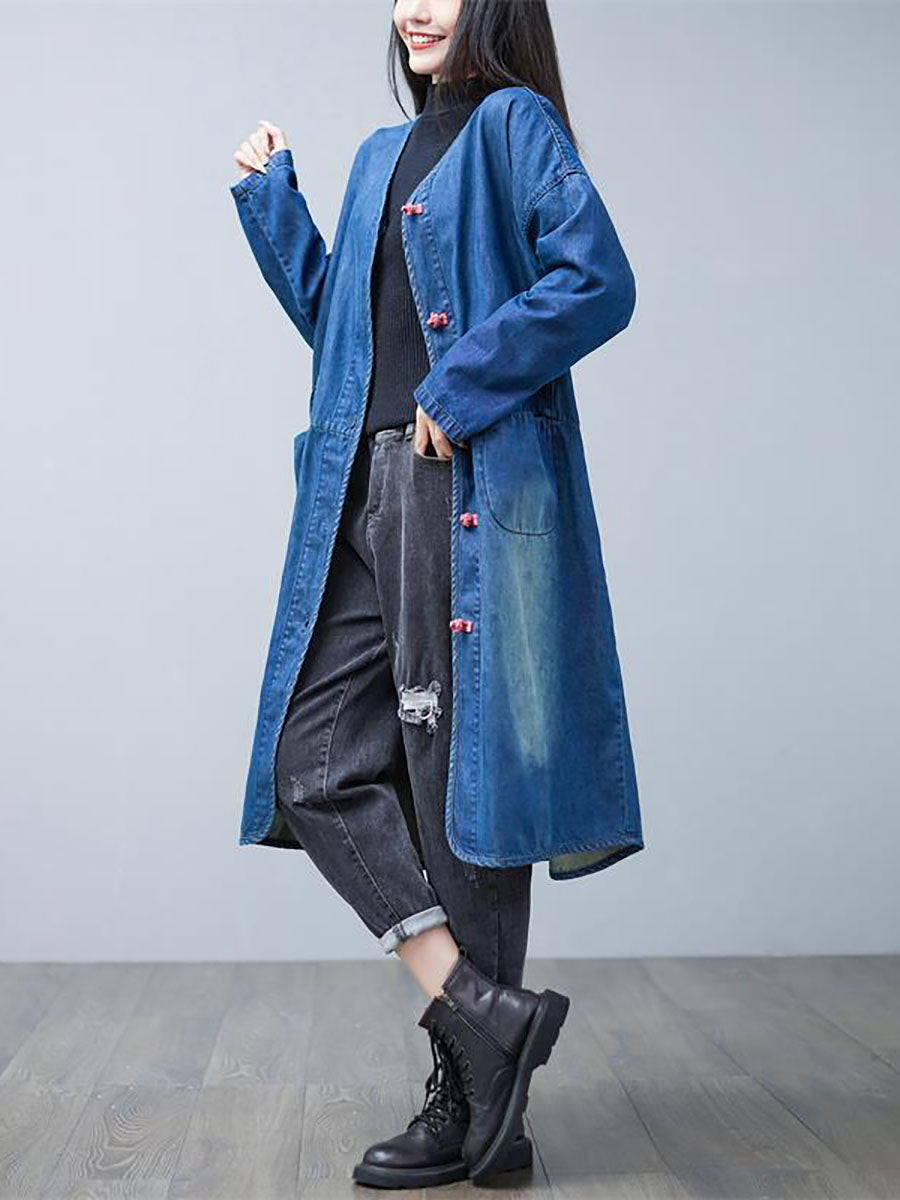 Autumn Washed V-neck Denim Long Coat Ba1015