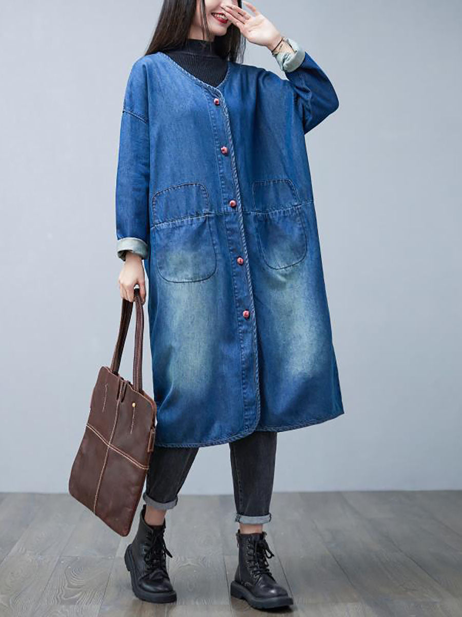 Autumn Washed V-neck Denim Long Coat Ba1015