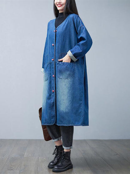 Autumn Washed V-neck Denim Long Coat Ba1015