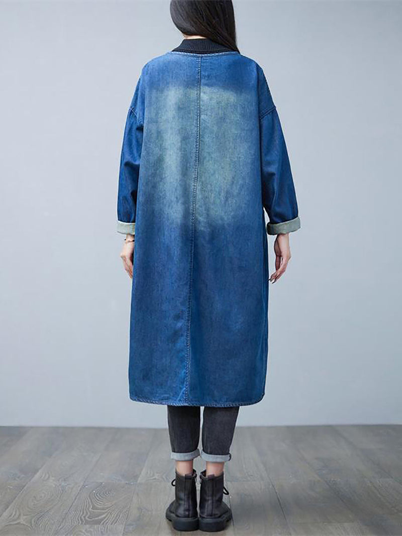 Autumn Washed V-neck Denim Long Coat Ba1015