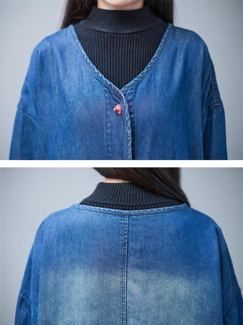 Autumn Washed V-neck Denim Long Coat Ba1015