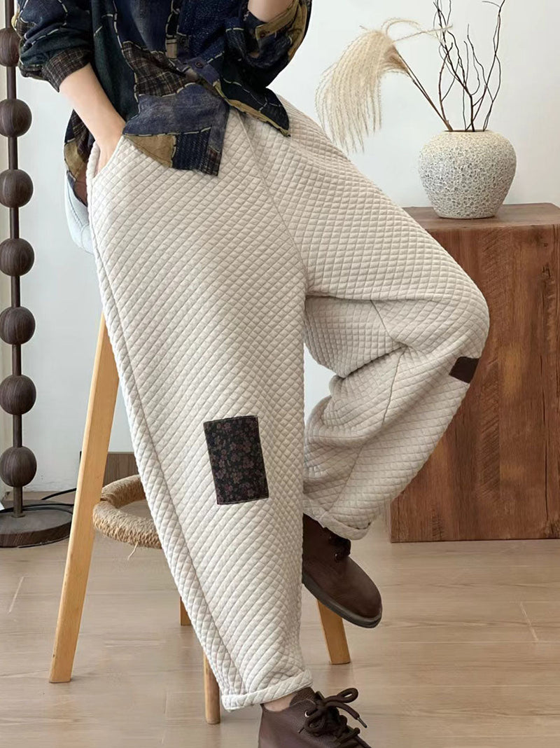 Autumn Retro Lattice Patch Thick Cotton Pants Ba1007