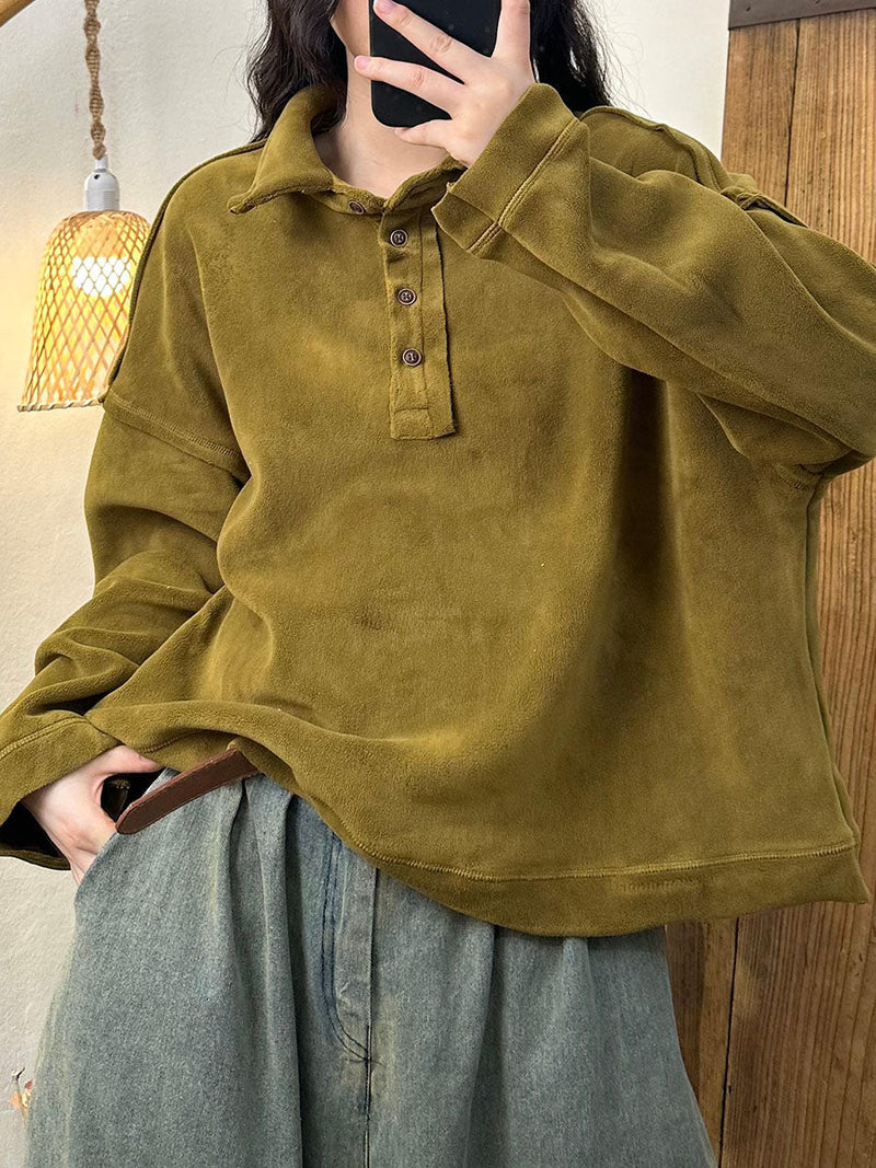 Autumn Retro Turn-down Collar Cotton Sweatshirt Ba1008