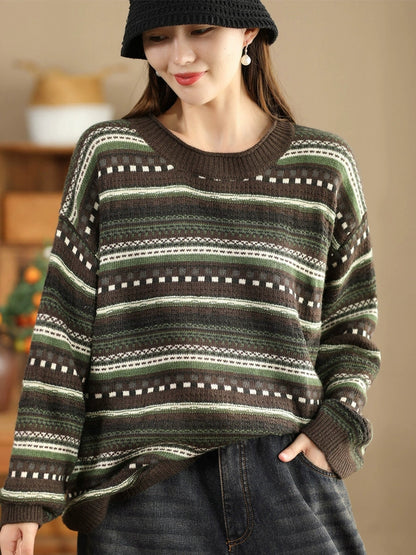Autumn Stripe Jacquard O-neck Sweater Ba1014