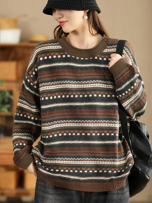 Autumn Stripe Jacquard O-neck Sweater Ba1014