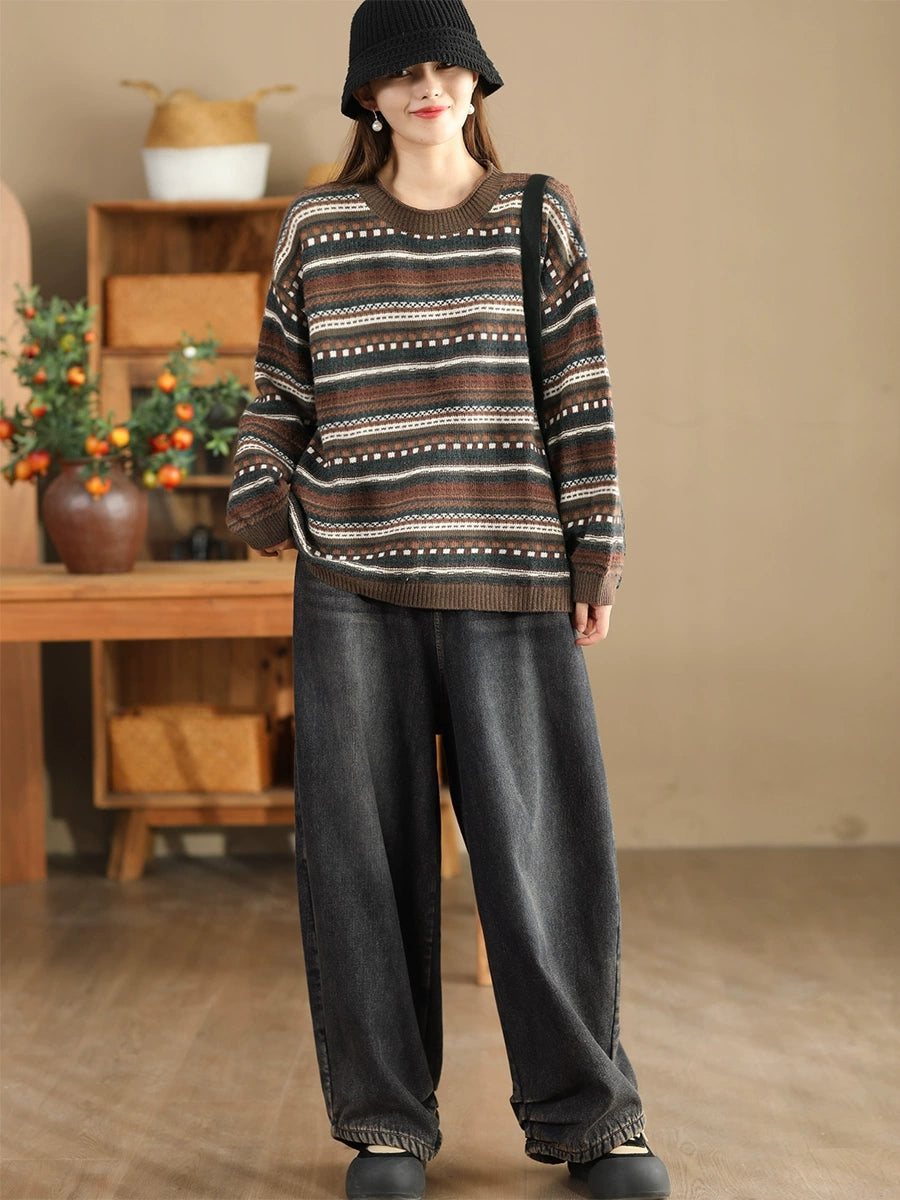 Autumn Stripe Jacquard O-neck Sweater Ba1014
