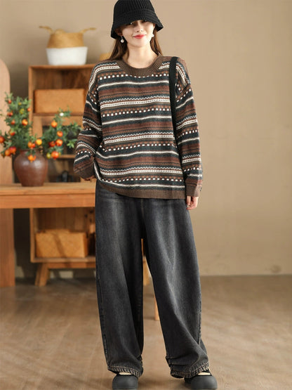 Autumn Stripe Jacquard O-neck Sweater Ba1014