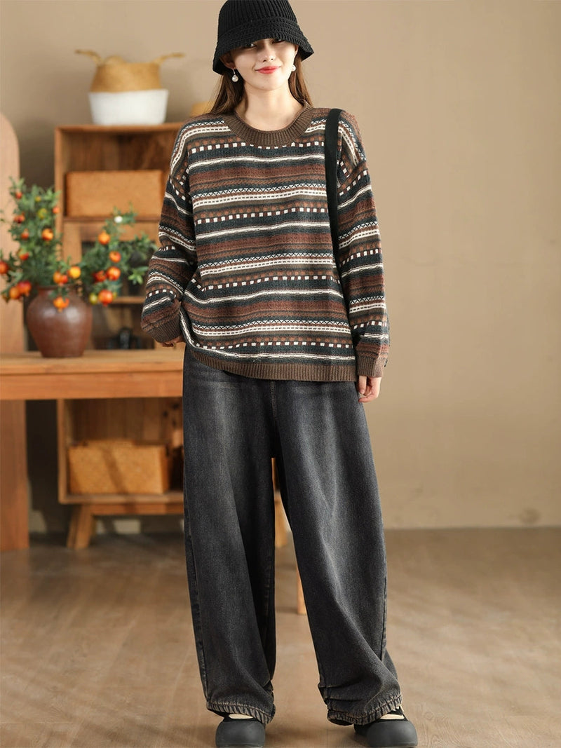 Autumn Stripe Jacquard O-neck Sweater Ba1014