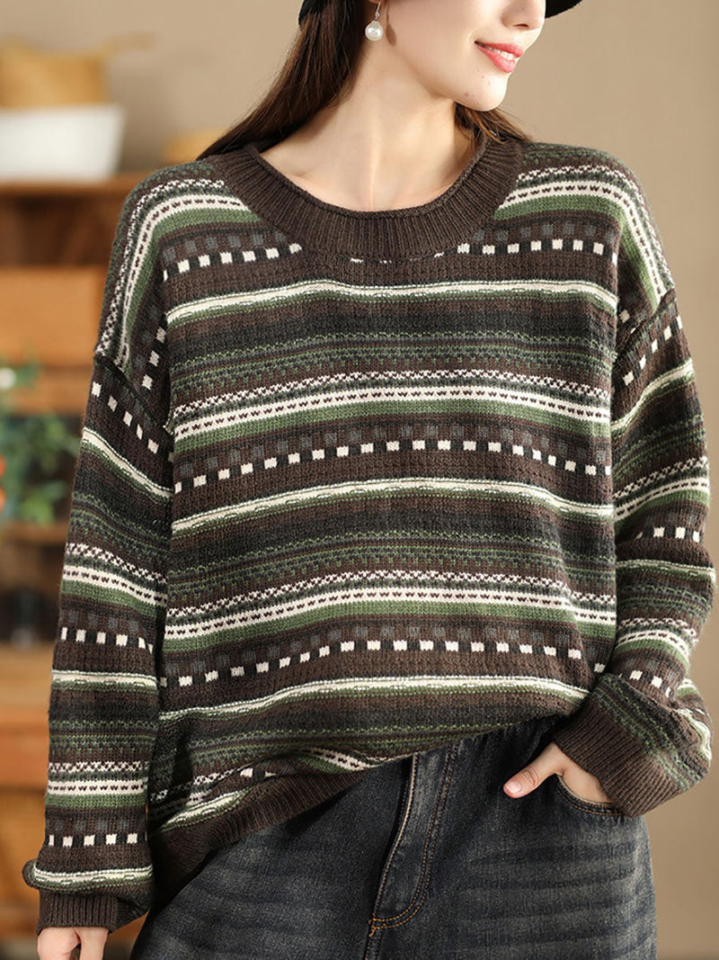 Autumn Stripe Jacquard O-neck Sweater Ba1014