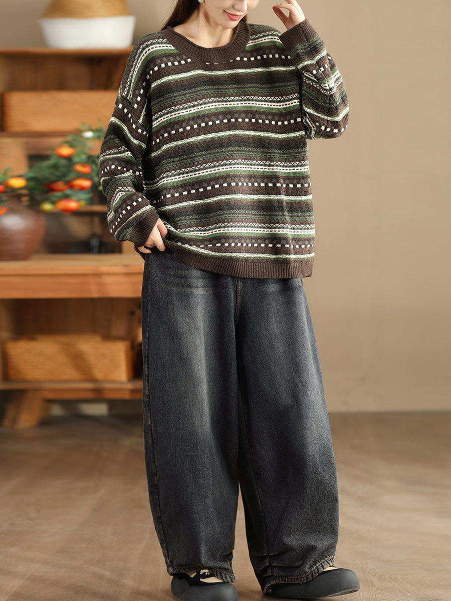Autumn Stripe Jacquard O-neck Sweater Ba1014