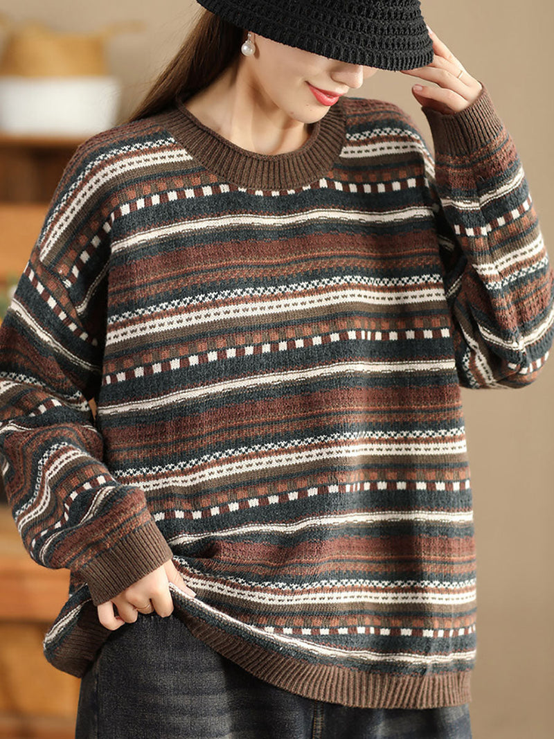 Autumn Stripe Jacquard O-neck Sweater Ba1014