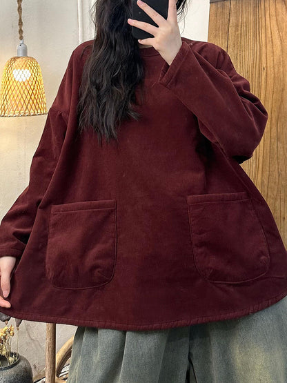 Winter Retro O-neck Fleece-lined Cotton Sweatshirt Ba1024