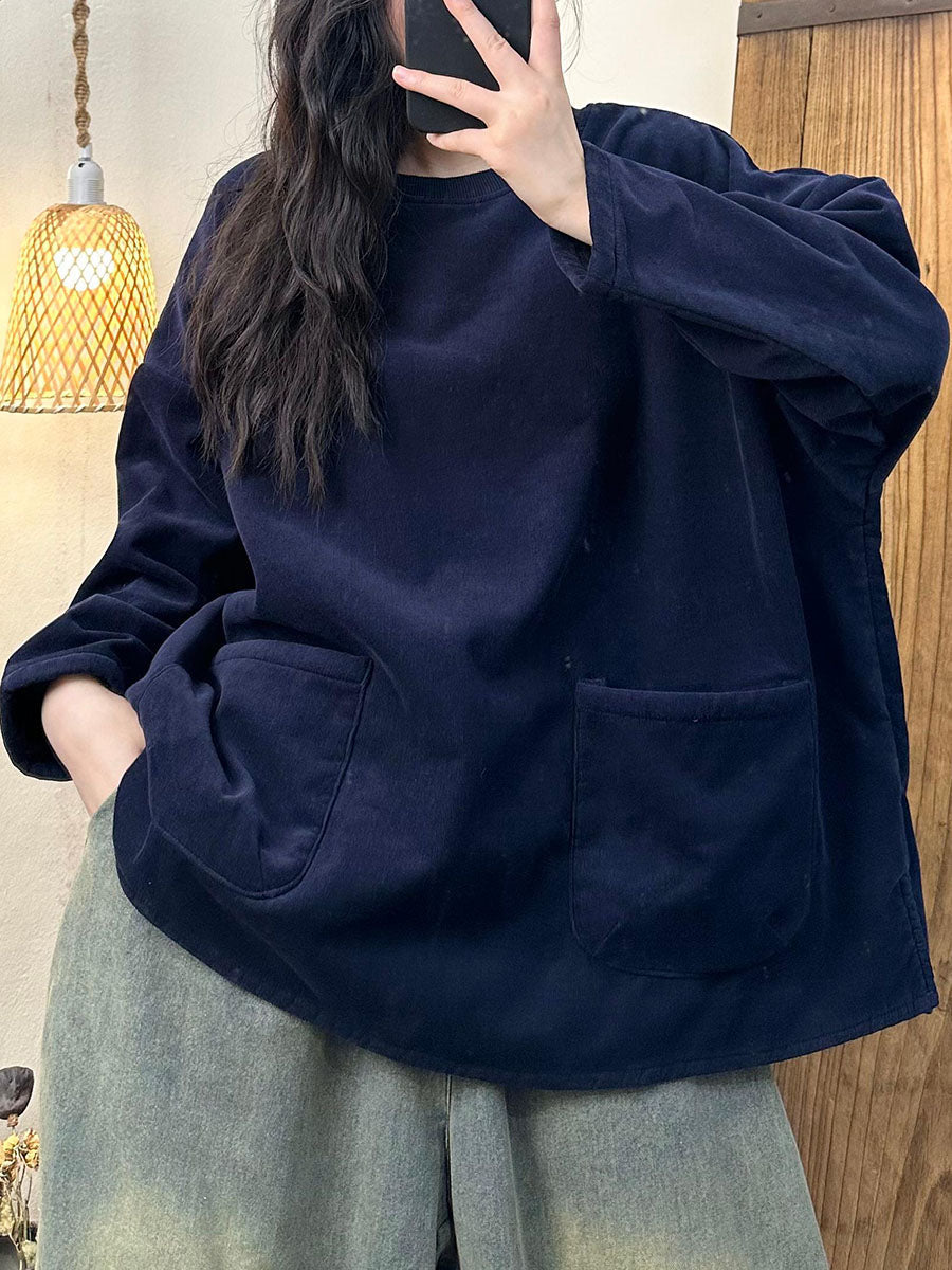 Winter Retro O-neck Fleece-lined Cotton Sweatshirt Ba1024