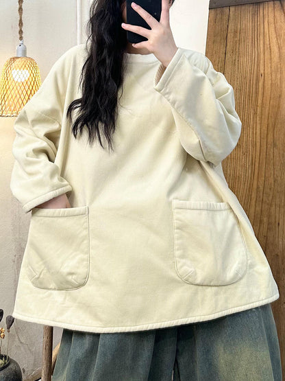Winter Retro O-neck Fleece-lined Cotton Sweatshirt Ba1024