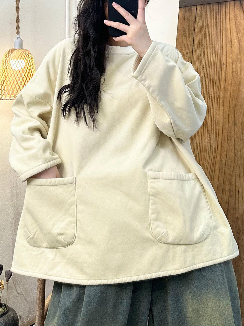 Winter Retro O-neck Fleece-lined Cotton Sweatshirt Ba1024