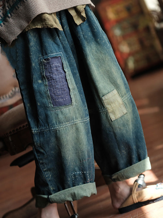 Autumn Retro Patch Spliced Denim Wide-leg Pants Wg028