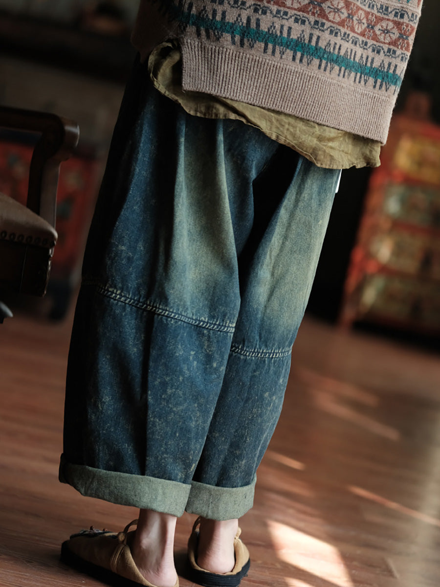 Autumn Retro Patch Spliced Denim Wide-leg Pants Wg028
