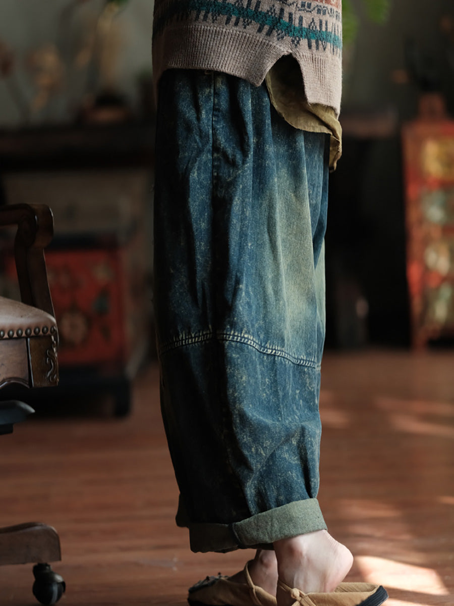 Autumn Retro Patch Spliced Denim Wide-leg Pants Wg028