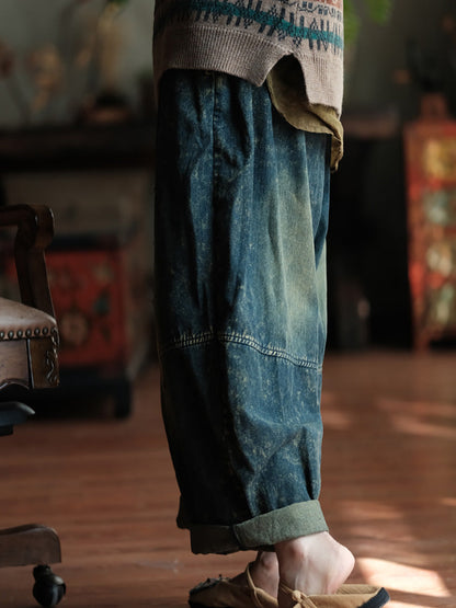 Autumn Retro Patch Spliced Denim Wide-leg Pants Wg028