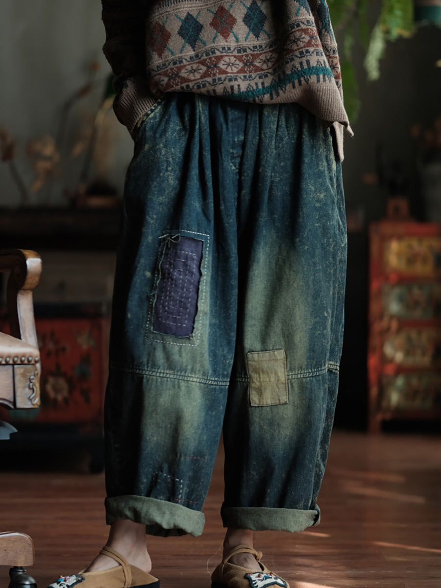Autumn Retro Patch Spliced Denim Wide-leg Pants Wg028