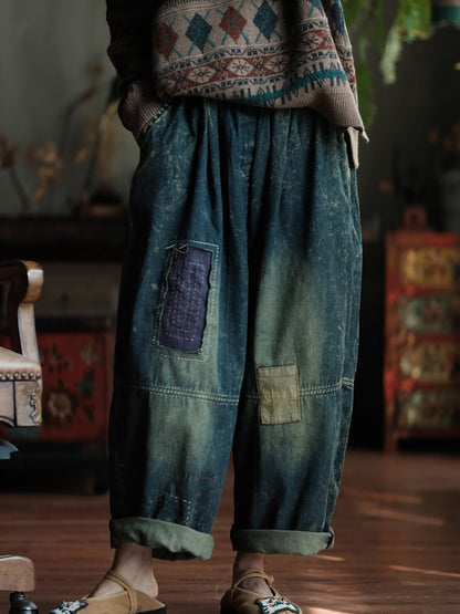 Autumn Retro Patch Spliced Denim Wide-leg Pants Wg028