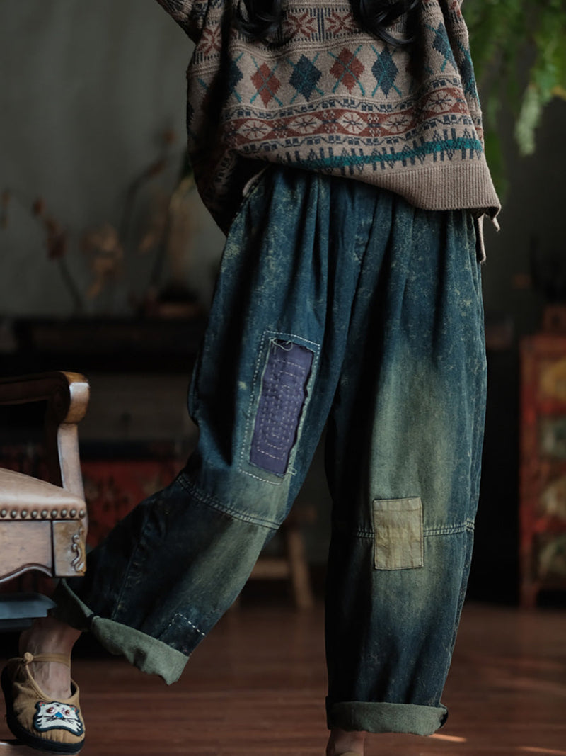 Autumn Retro Patch Spliced Denim Wide-leg Pants Wg028