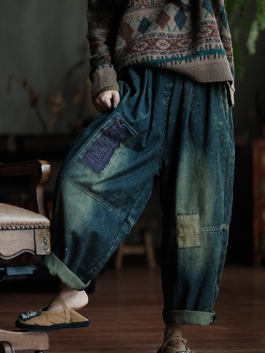 Autumn Retro Patch Spliced Denim Wide-leg Pants Wg028