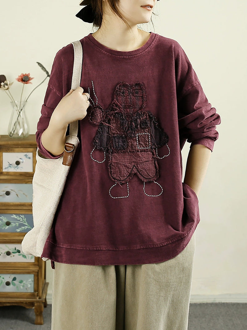 Autumn Cartoon Patch O-neck Cotton Sweatshirt Ba1039