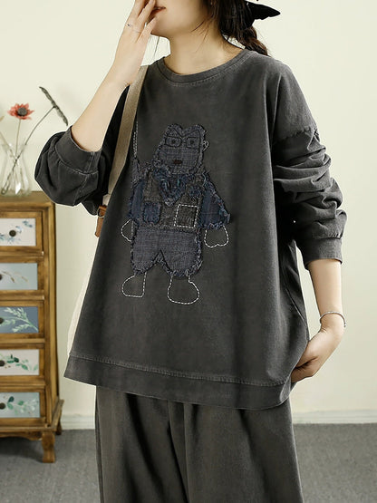 Autumn Cartoon Patch O-neck Cotton Sweatshirt Ba1039