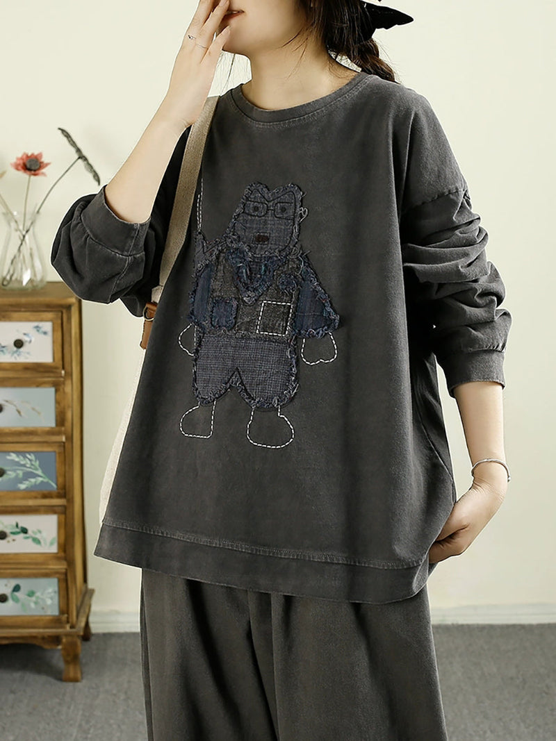 Autumn Cartoon Patch O-neck Cotton Sweatshirt Ba1039