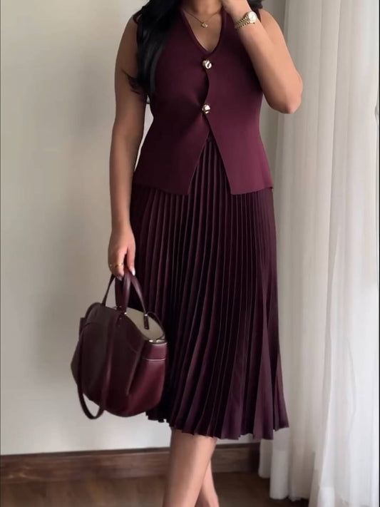 Knitted Vest and Pleated Skirt