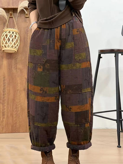 Autumn Retro Cotton Plaid Patch Straight Pants Ba1061