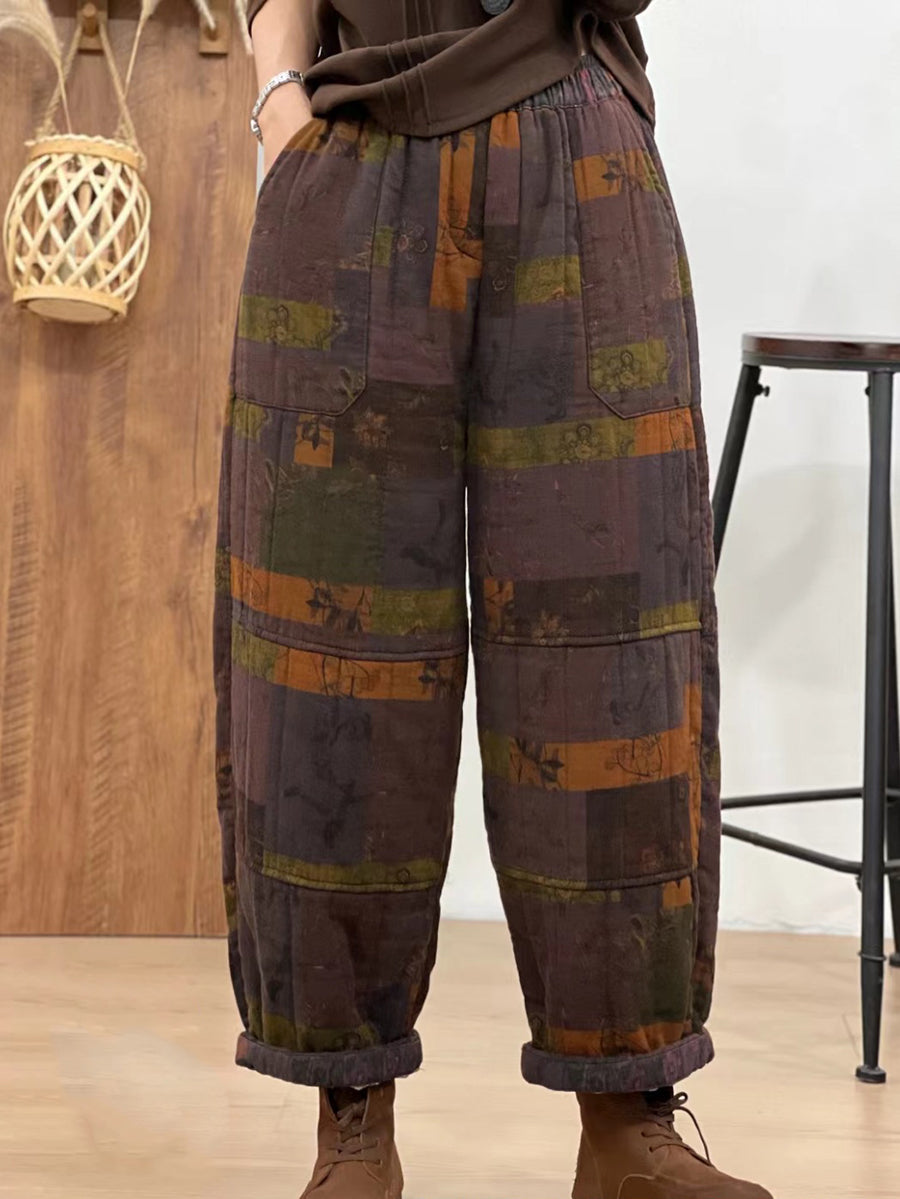 Autumn Retro Cotton Plaid Patch Straight Pants Ba1061