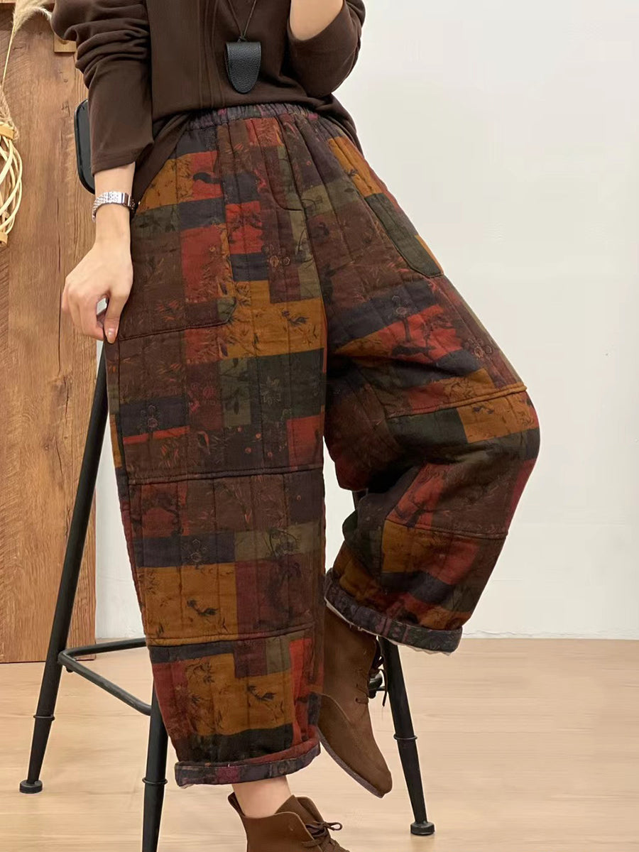 Autumn Retro Cotton Plaid Patch Straight Pants Ba1061
