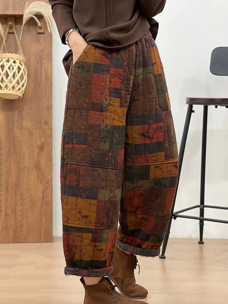 Autumn Retro Cotton Plaid Patch Straight Pants Ba1061