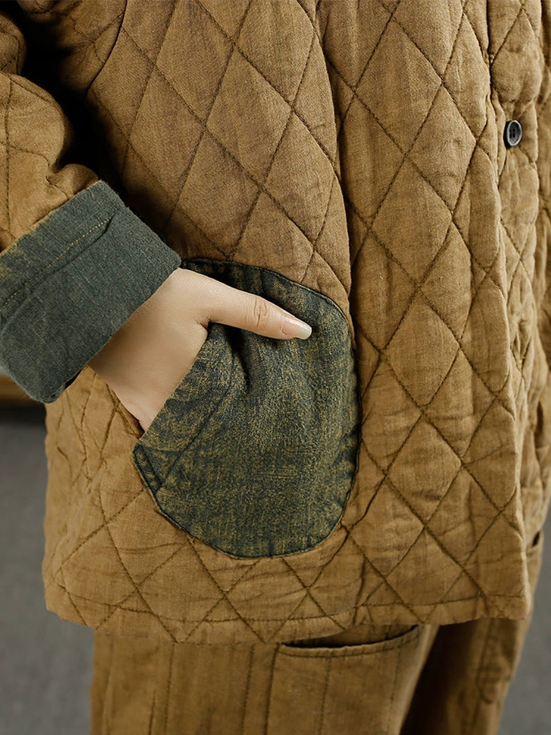 Retro Autumn Colorblock Buckle Cotton Stand Collar Coat Ba1071