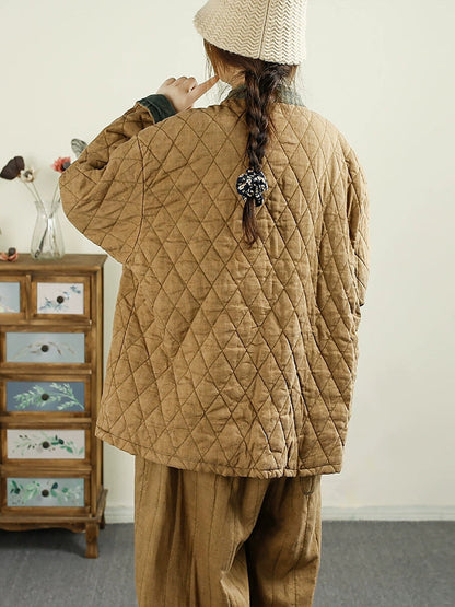 Retro Autumn Colorblock Buckle Cotton Stand Collar Coat Ba1071
