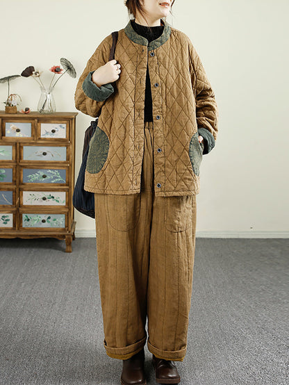 Retro Autumn Colorblock Buckle Cotton Stand Collar Coat Ba1071
