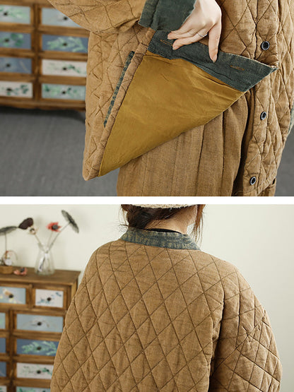 Retro Autumn Colorblock Buckle Cotton Stand Collar Coat Ba1071